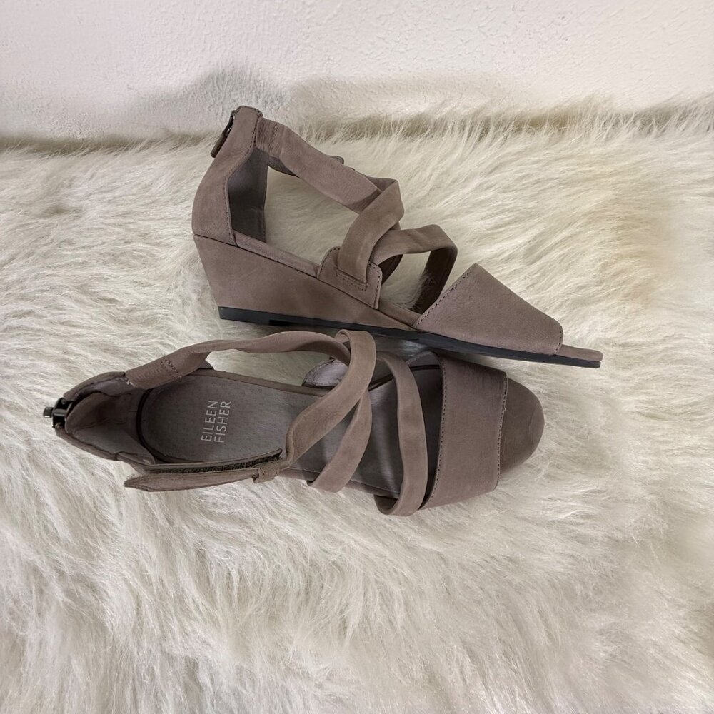Eileen Fisher Gray Nubuck Strappy Wedge Sandal Back Zip Adjust Ankle Women 8.5